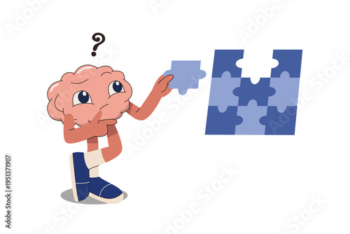Brain character putting together jigsaw puzzle pieces. Problem solving, business and education content. Flat vector design illustration.