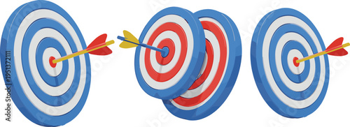 Archery target collection, flat vector illustration, arrows hitting bullseye, precision accuracy success concept, red blue white concentric rings design