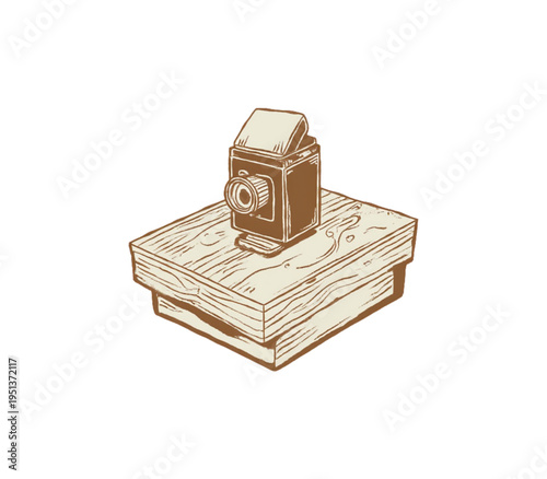 Vintage Camera on Wooden Box Illustration in Sepia Tones with Brown and Beige Colors