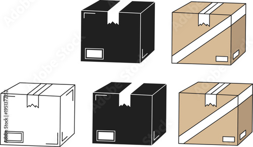 Cardboard box collection, flat vector illustration, packaging design set, shipping storage container art, black brown white taped labeled boxes