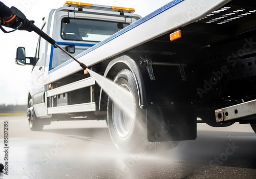 High-pressure washing a white flatbed tow truck, focusing on professional vehicle cleaning and maintenance