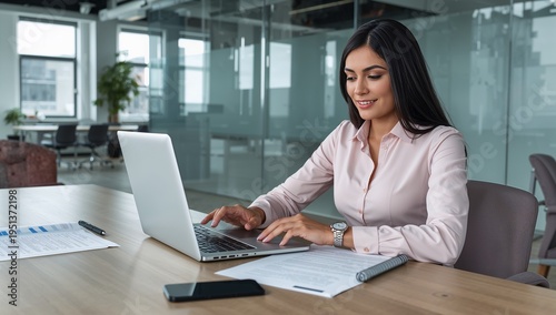 Businesswoman working on laptop at office desk.