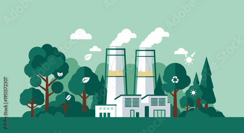Industrial Factory with Smokestacks and Surrounding Greenery.
