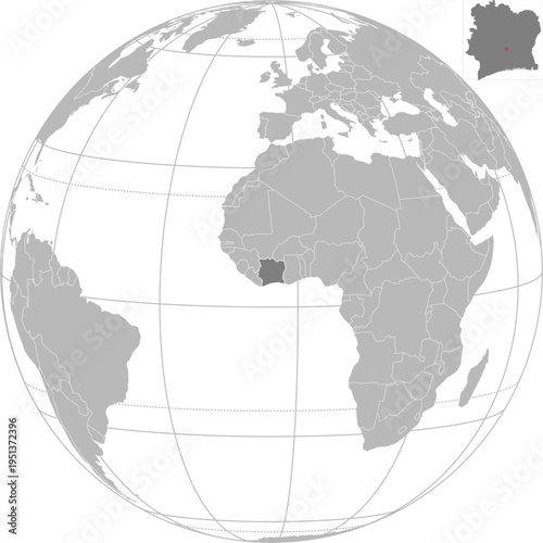 World vector map with country boundaries and graticules (Ivory Coast centered view, orthographic projection, PPT-compatible & fully editable)