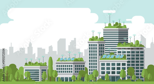 Modern EcoFriendly Buildings with Green Rooftops and Solar Panels.