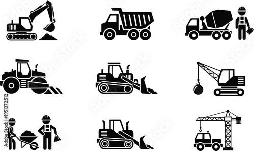 Industrial construction machinery icon set featuring excavator dump truck cement mixer steam roller bulldozer crane and workers for building site development and engineering project designs.
