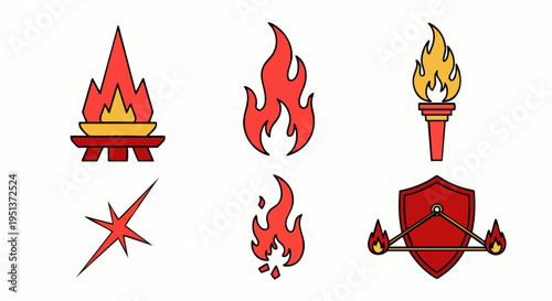 Set of various fire and flame icons, including campfire, torch, and abstract fire symbols, representing heat, energy, and danger.