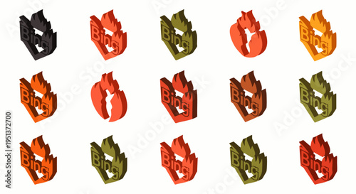 Isometric 3D Blog fire flame icons set in various colors, modern digital graphic design elements for websites, apps, and branding.