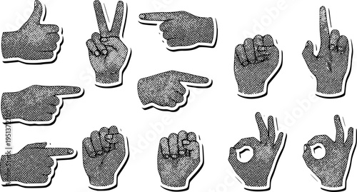 Cut out hand emoji gestures set. Various halftone hands signs vintage dotted stickers. Modern retro vector illustration for mixed media design, collage and scrapbook isolated on transparent background