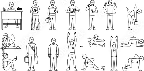 Collection of minimalist human posture illustrations showing daily activities, yoga poses, and ergonomic movements in black and white line drawing
