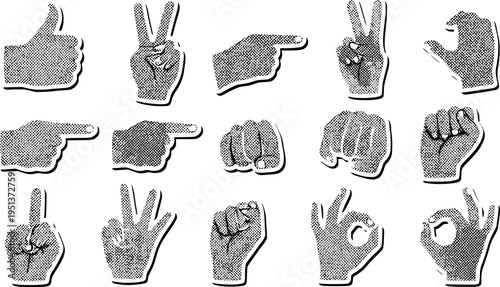 Cut out hand emoji gestures set. Various halftone hands signs vintage dotted stickers. Modern retro vector illustration for mixed media design, collage and scrapbook isolated on transparent background