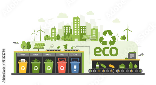 Recycling center with sorting bins and conveyor belt.