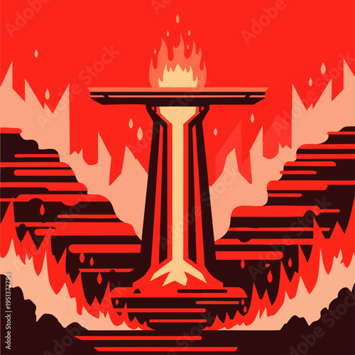 Vibrant vector illustration of a volcanic inferno, showcasing a stylized landscape of flowing lava and a central burning totem in a dramatic red palette.