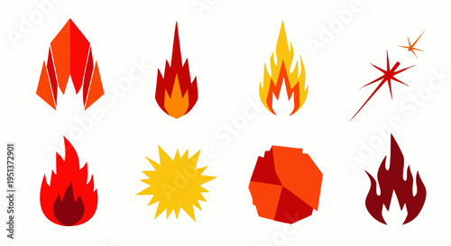 Collection of diverse fire, flame, spark, and explosion icons in a flat vector design. Set of abstract heat and energy symbols for graphic design projects.