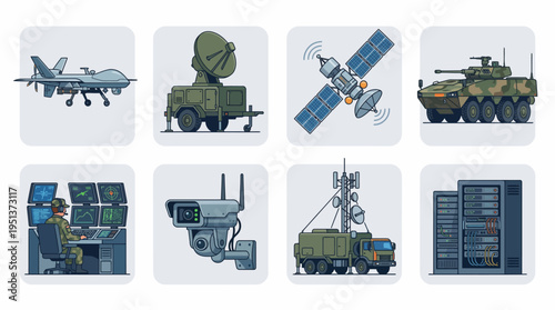 Military Technology and Surveillance Icon Set Featuring Drone Satellite Radar Armored Vehicle Security Camera Command Center and Communication Truck Graphics.