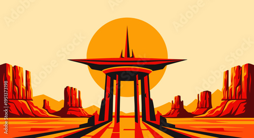 Stunning stylized desert landscape featuring a unique futuristic gateway monument bathed in the warm glow of a large setting sun, retro sci-fi art.