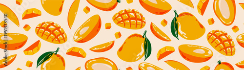 Mango pattern. Seamless print of tropical exotic fruit, organic natural botanical backdrop with abstract mangoes background for wrapping packaging design. Vector vintage texture
