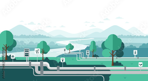 Underground Pipeline System with Surface Infrastructure and Green Landscape.
