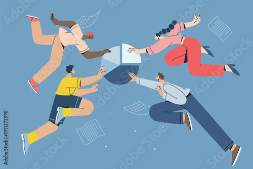 Business people fighting for pieces of a pie chart. Concept of market share competition, business partnership. Flat vector design illustration.