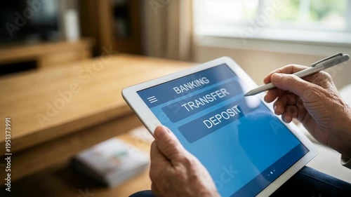 Digital banking tech silver economy wealth transfer tablet banking transfer deposit screen as senior hand use stylus for secure online wealth