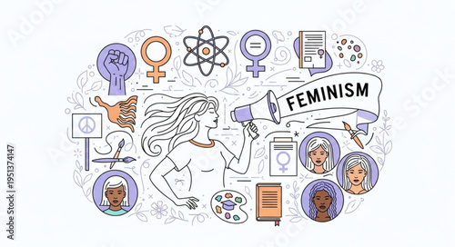 Woman with Megaphone and Feminism Symbols Illustration.