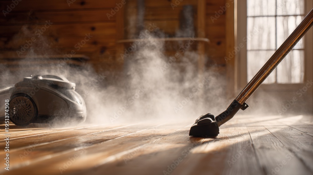 Obraz premium Steam rising while vacuum cleaning wooden floor in sunlit room