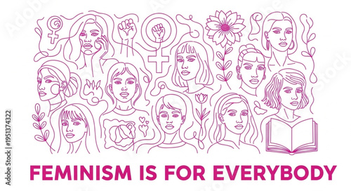 Diverse women faces illustration with feminist symbols and text.