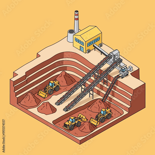 Isometric illustration of a mining operation, showcasing machinery and infrastructure.