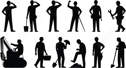 Construction worker silhouettes with tools and equipment in various poses representing teamwork, labor, industry, safety, and occupational vector illustration design