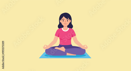 A woman in a pink shirt and purple pants meditates peacefully on a yoga mat