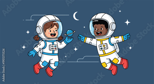 Two smiling children in cartoon astronaut suits float in space with stars and a crescent moon