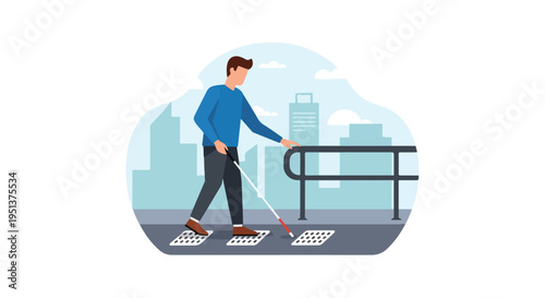 Person with white cane navigating tactile paving near city buildings