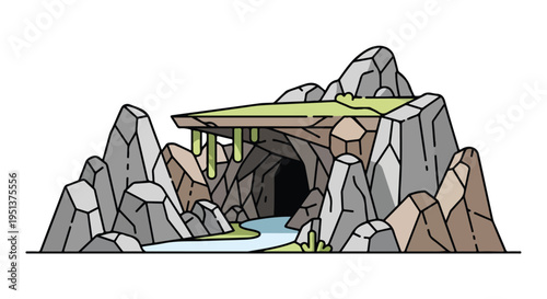 Stylized illustration of a cave entrance with a river and rocky formations