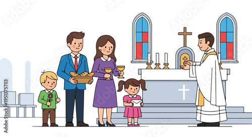 A family participates in a religious ceremony at an altar with a priest