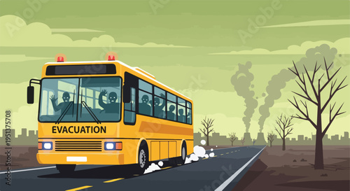 Yellow evacuation bus carrying people away from industrial pollution and barren landscape