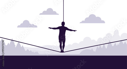Silhouette of person balancing on a tightrope against a backdrop of clouds and mountains