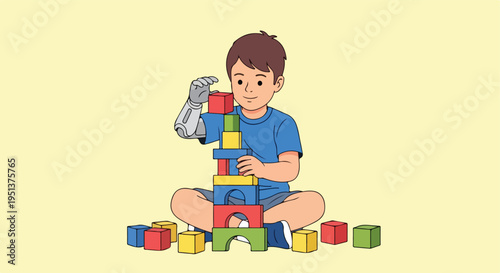 A child with a prosthetic arm plays with colorful building blocks, creating a tower