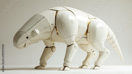 White mechanical quadruped creature sculpture display