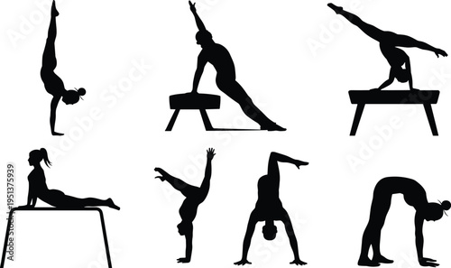 Gymnast silhouettes performing handstands, splits, balance poses on apparatus including pommel horse and parallel bars showcasing strength flexibility vector design