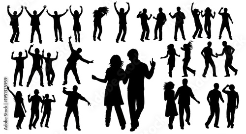 DJ Party Dancing People Silhouette Vector Set – Wedding Celebration Poses Editable Crowd Collection