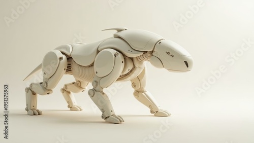 White mechanical walking biological sculpture display