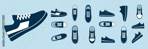 Sport shoes set, walking, racer, running trainers, active game sneakers, practice, performance, athletic gym footwear, blue sneakers, accessory, health, wellness, physical education, fitness, cartoon 