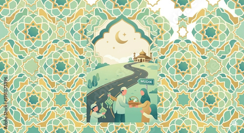 Eid Mubarak Greeting Card with Mudik Homecoming and Charity Concept, Flat Design