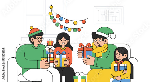 Family in festive attire exchanges gifts on a couch, decorated for a holiday