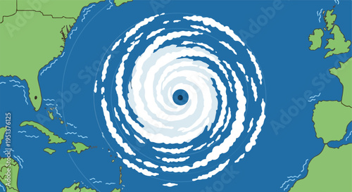Satellite view of a powerful hurricane swirling over the Atlantic Ocean near continents