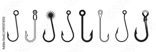 Fishing hooks collection, various shapes and sizes vector illustration, detailed tackle set, isolated design elements, black and white assortment pack
