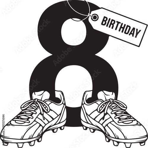 Vector illustration of football cleats with giant number 8 and birthday tag