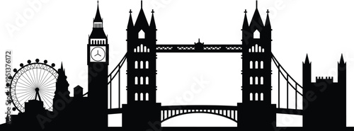 London skyline silhouette featuring Big Ben, Tower Bridge, and London Eye landmarks, iconic United Kingdom architecture for travel vector illustration design.