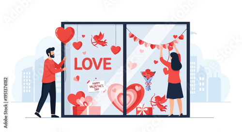 Couple decorating store window with Valentines Day theme and heart decorations