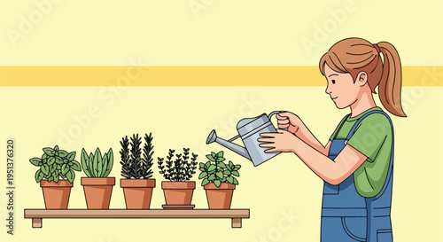 A girl with a ponytail watering potted herbs on a shelf